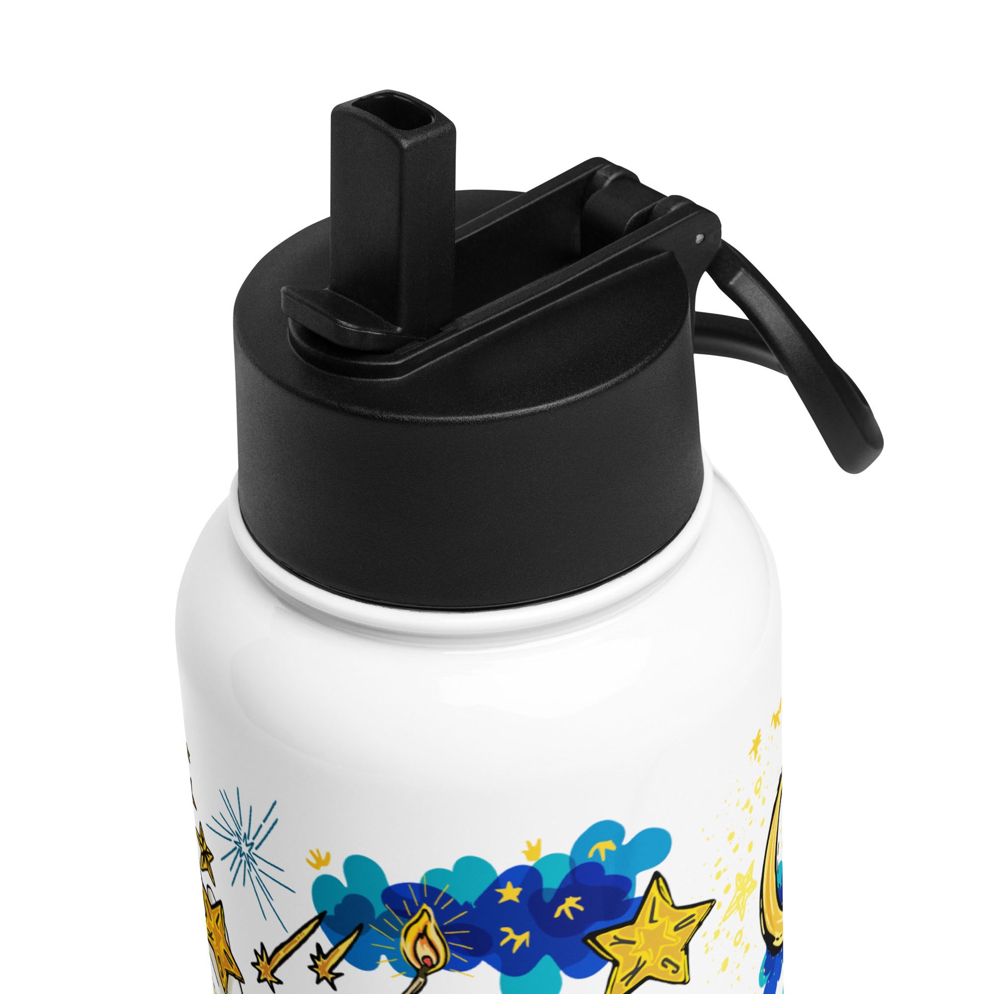 This is a close-up image of the black lid that shows the adjustable handle and the pop-up straw.