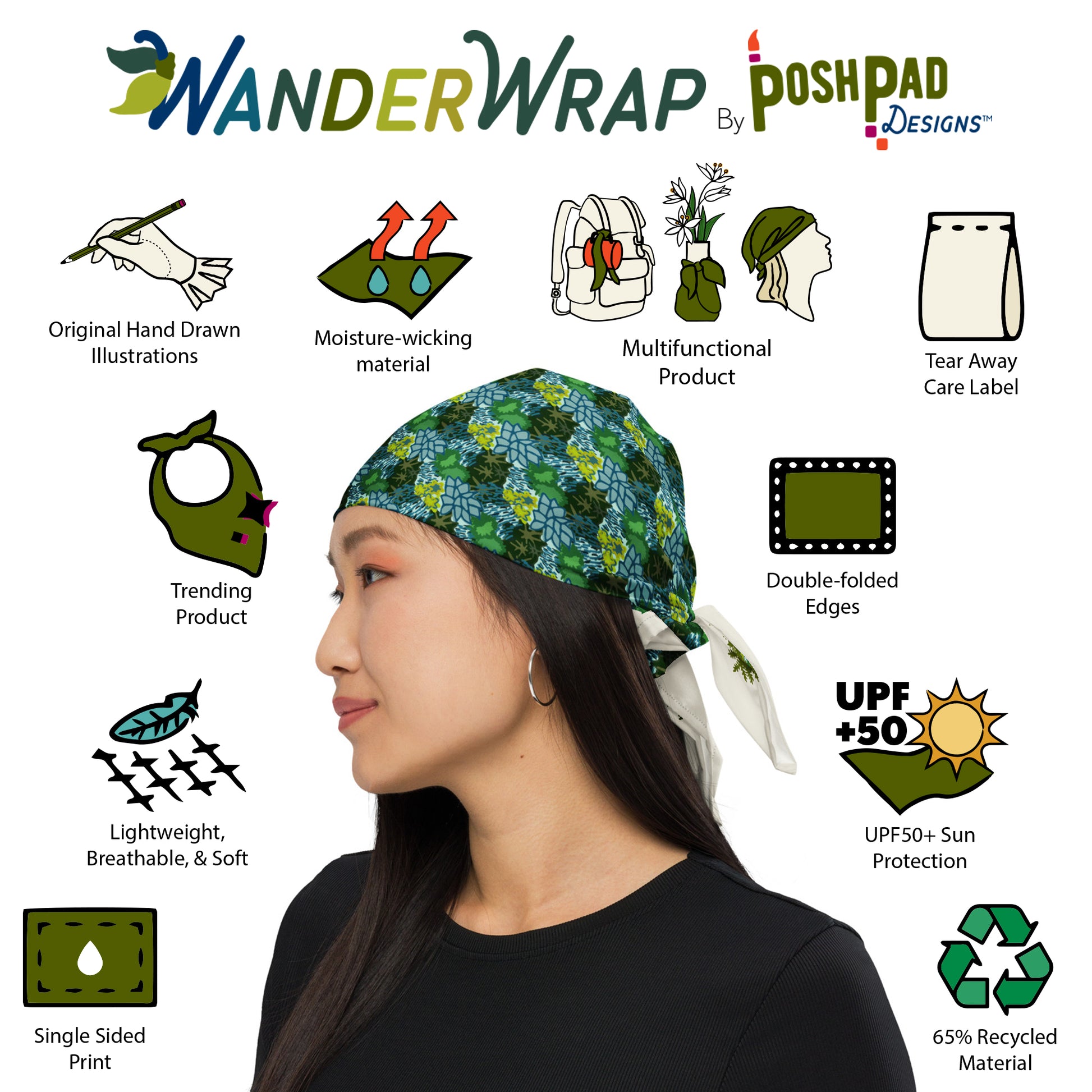 This is an image of illustrations showing features and a photo of a woman wearing the scarf bandana as a head wrap. Features include moisture-wicking recycled material, UPF sun protection, tear away label, trending product, and double-folded edges.