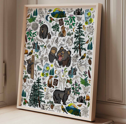 The Mountain Hikes art print poster framed in a natural wood frame sitting by a window.