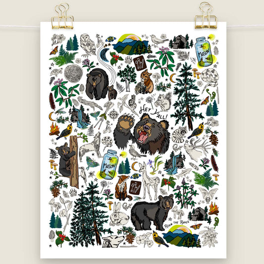 The Mountain Hikes Art Print clipped to a string for display.