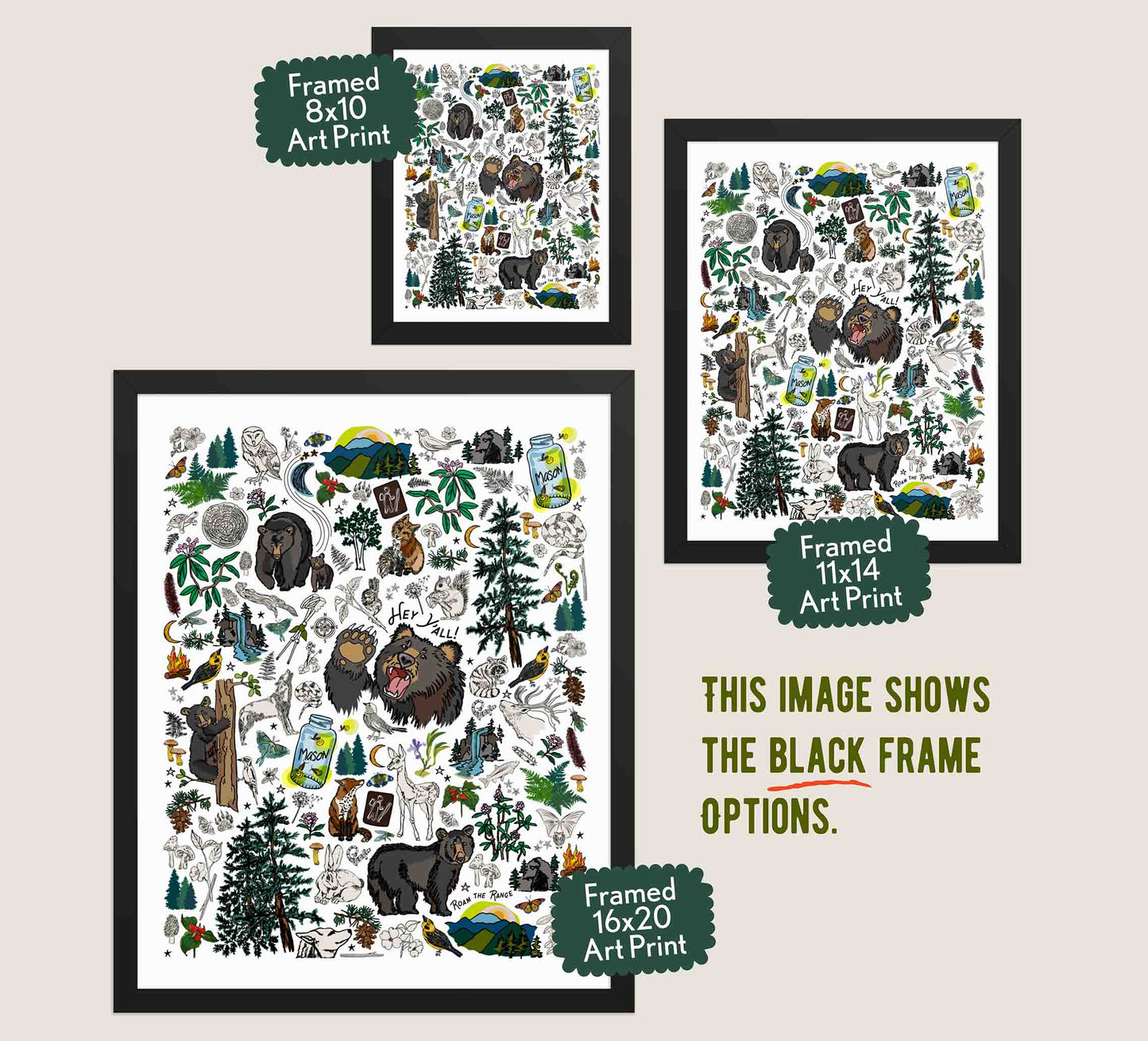 This image shows the three available sizes, which are 8x10, 11x14, and 16x20. This image shows them all in black wood frames.