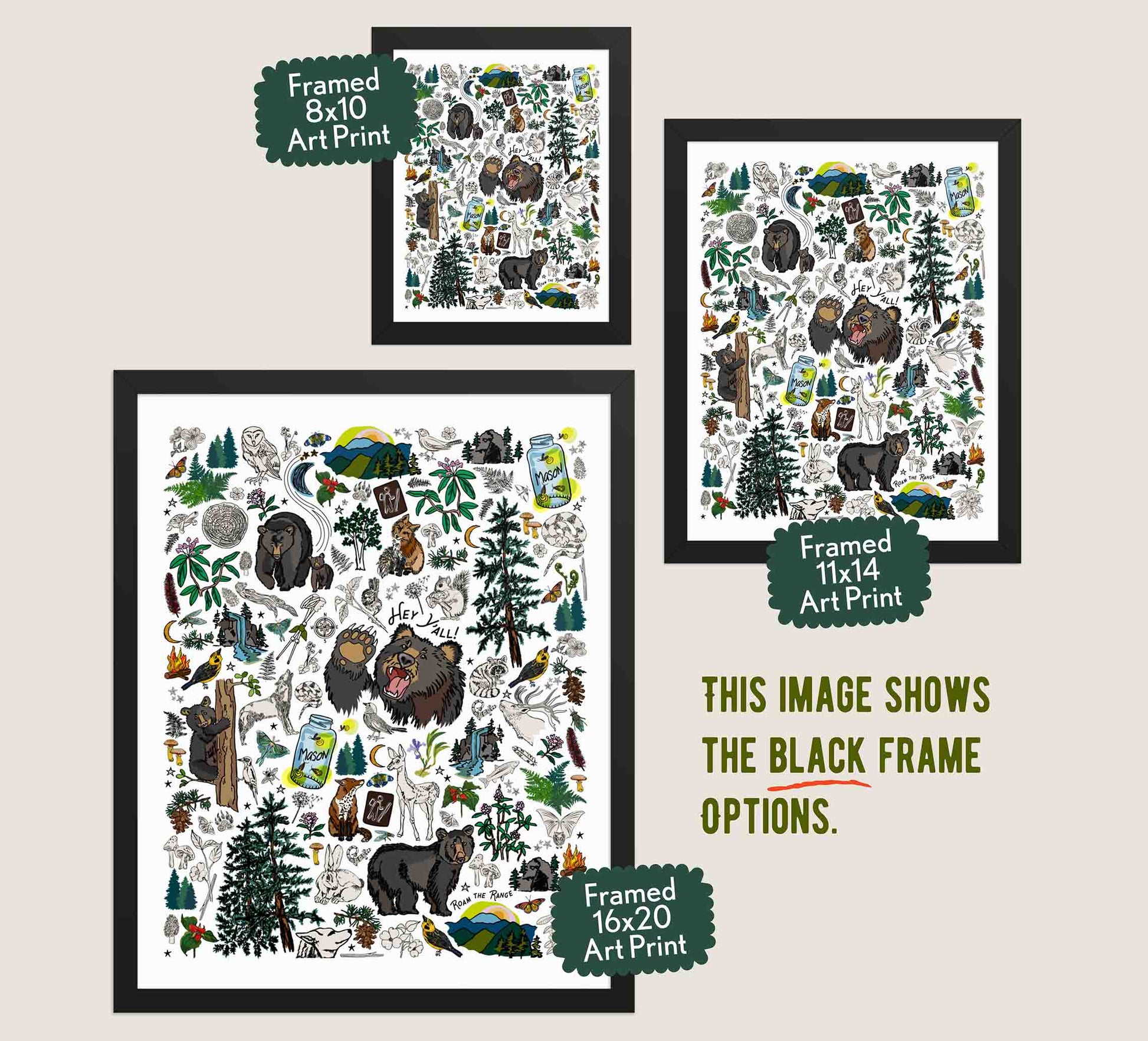 This image shows the three available sizes, which are 8x10, 11x14, and 16x20. This image shows them all in black wood frames.