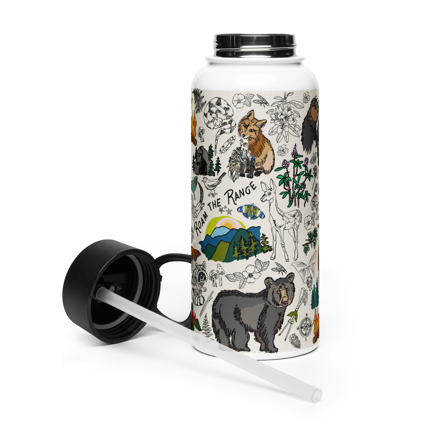 The Mountain Hikes bottle with the lid laying beside to show the removable straw.
