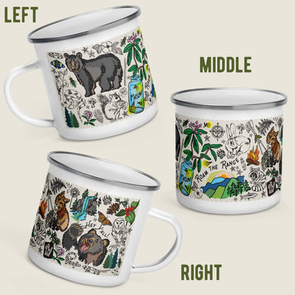Three images of the Mountain Hikes mugs from different angles.