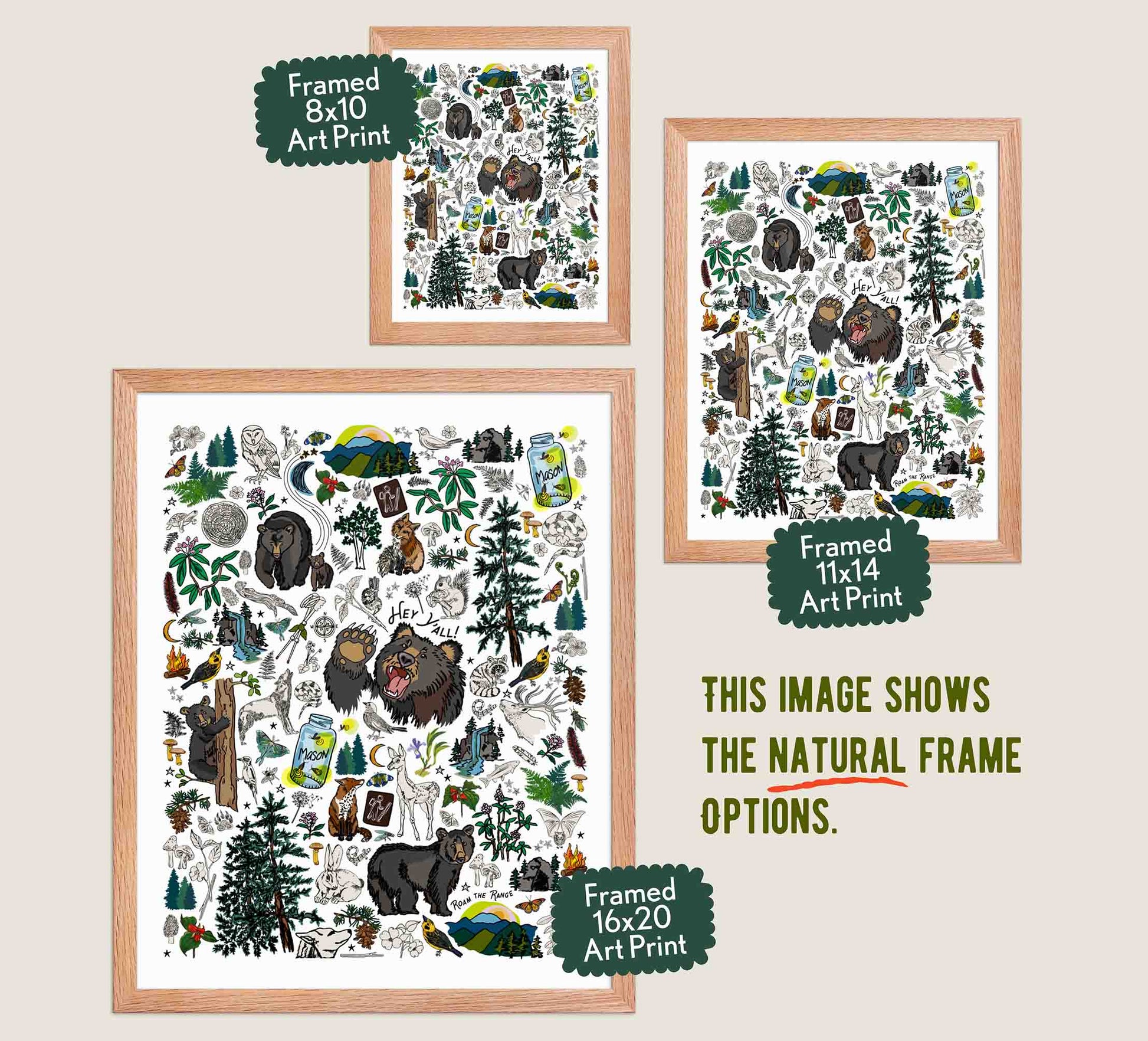 This image shows the three available sizes, which are 8x10, 11x14, and 16x20. This image shows them all in natural red oak wood frames.