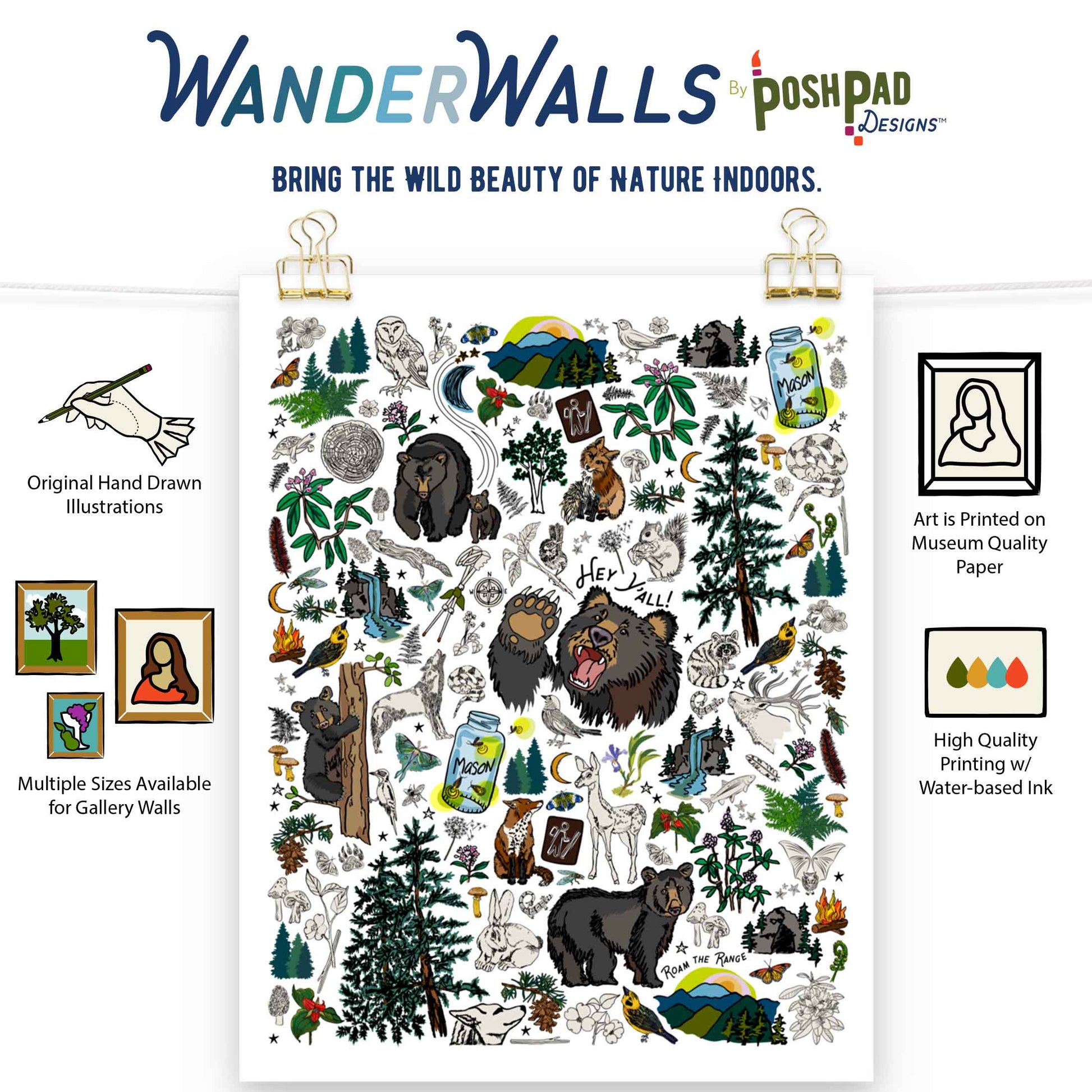 This is an infographic showing the Mountain Hike's Path art print in the middle. Icons showing the product perks line up on either side of the poster. Those perks include the availability of three different sizes, the use of high-quality water-based inks, and high-quality paper, and the uniqueness of the art being hand-drawn.