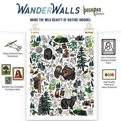 This is an infographic showing the Mountain Hike's Path art print in the middle. Icons showing the product perks line up on either side of the poster. Those perks include the availability of three different sizes, the use of high-quality water-based inks, and high-quality paper, and the uniqueness of the art being hand-drawn.