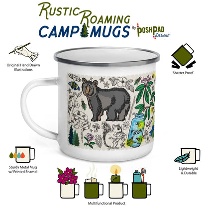 Infographic showing the mugs features, which include hand-drawn illustrations, sturdy metal material with vibrant printing, lightweight, durable, and shatter proof. There is a photo of the mug in the middle and there are illustrations below it showing other uses like arranging wildflowers in it,  holding a candle, and using to take items to the bathhouse like a toothbrush and toothpaste.