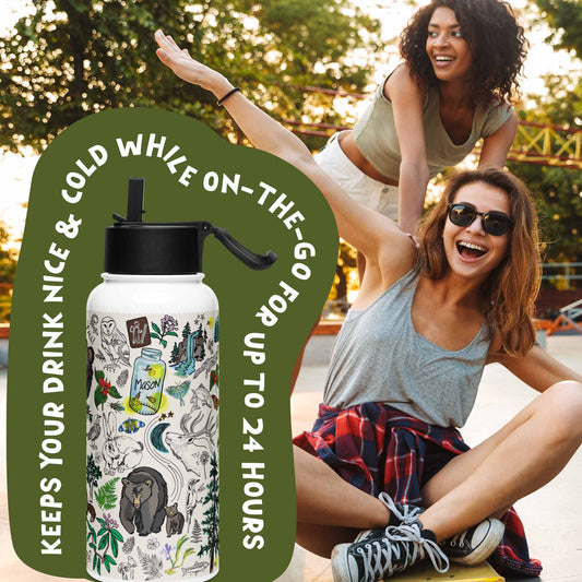 There is a photo of the water bottle laid on top of a green organic shape. The words "Keeps you drink nice & cold while on the go for up to 24 hours" are written around the water bottle. There's a background photo of two women in an urban setting. One woman is pushing the other on a skateboard.