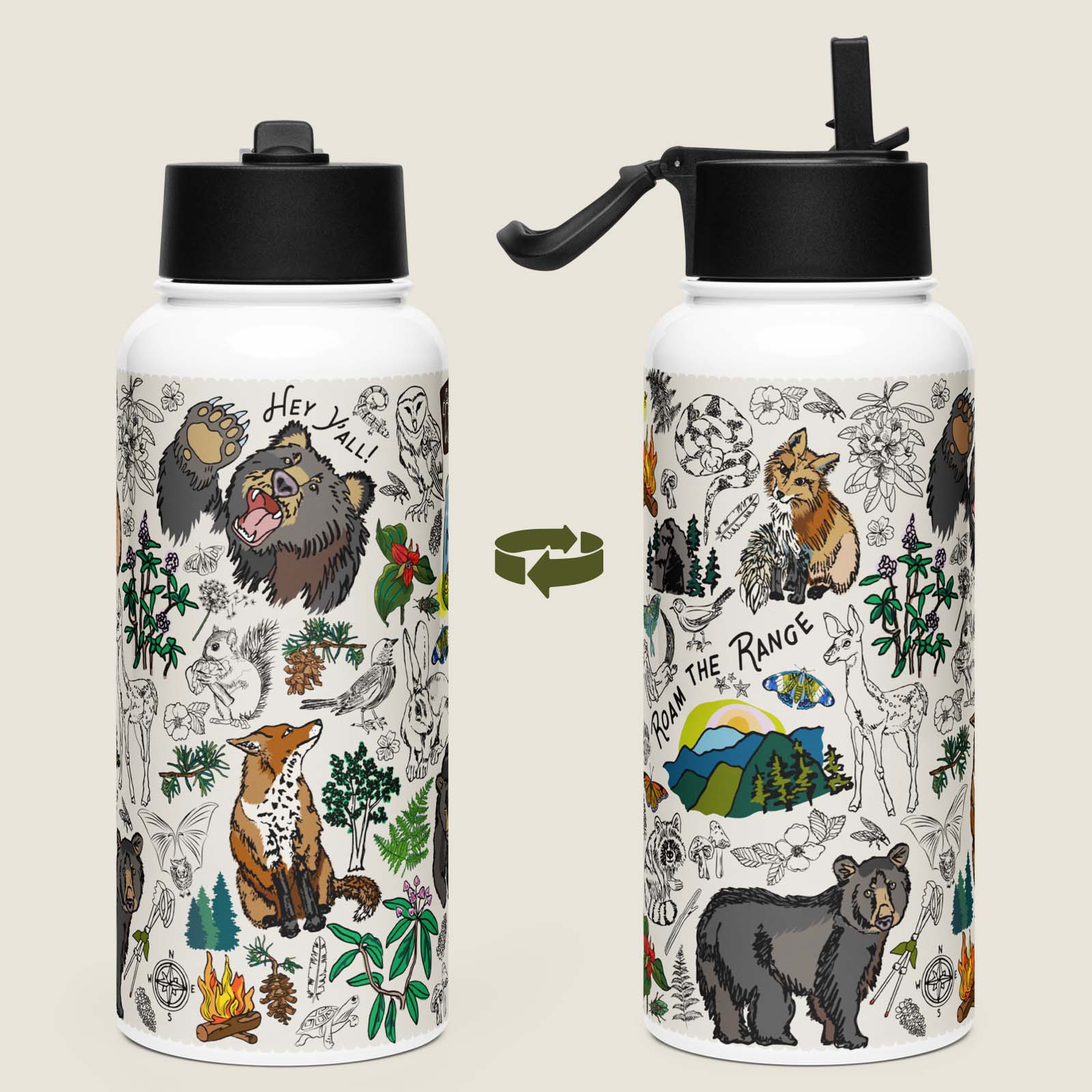 Mountain Hikes stainless steel insulated water bottle with leakproof straw lid. Image shows both sides of the water bottle.