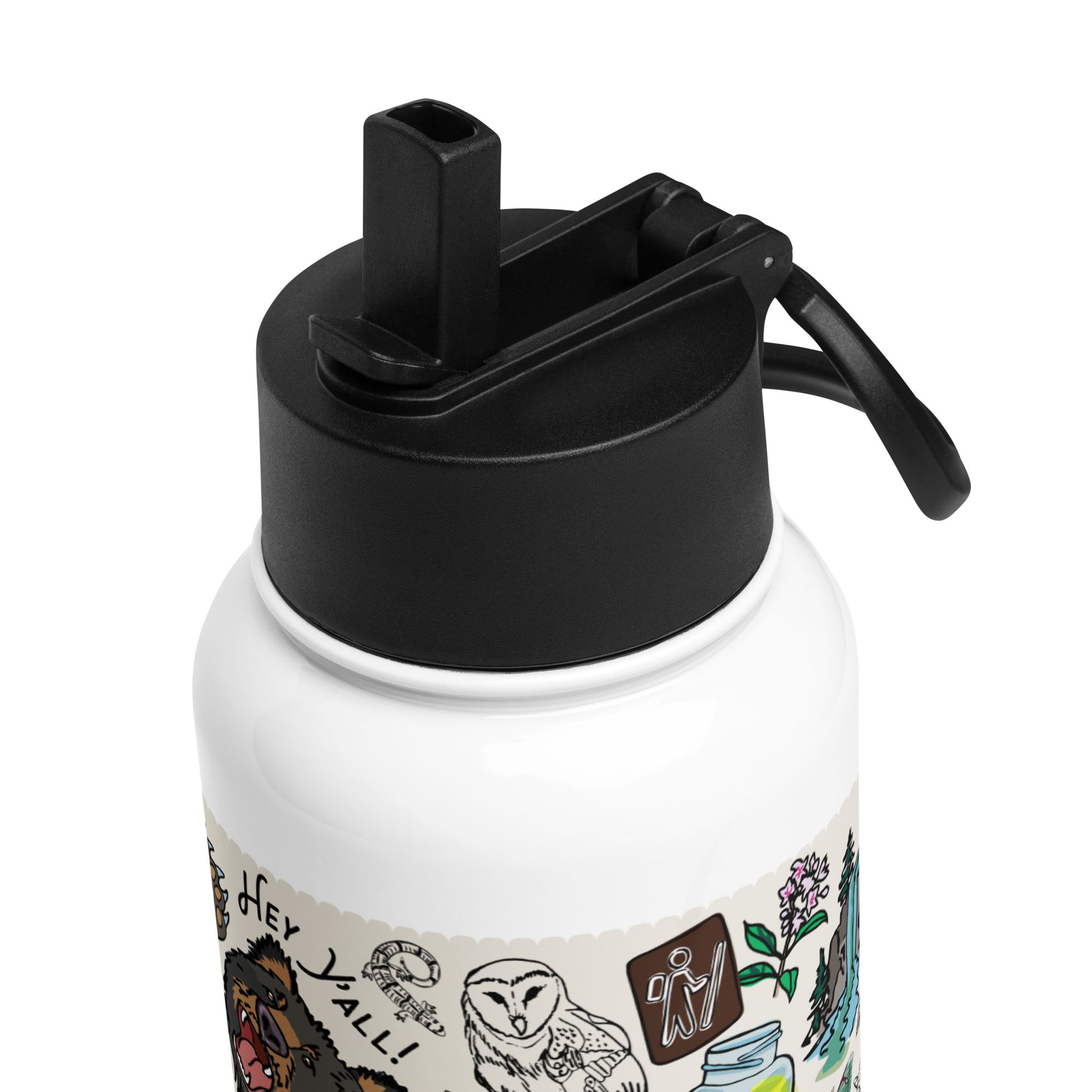 Close up of the pop-up straw lid for the Mountain Hikes insulated water bottle. The straw collapses into the lid for a leak-proof fit.