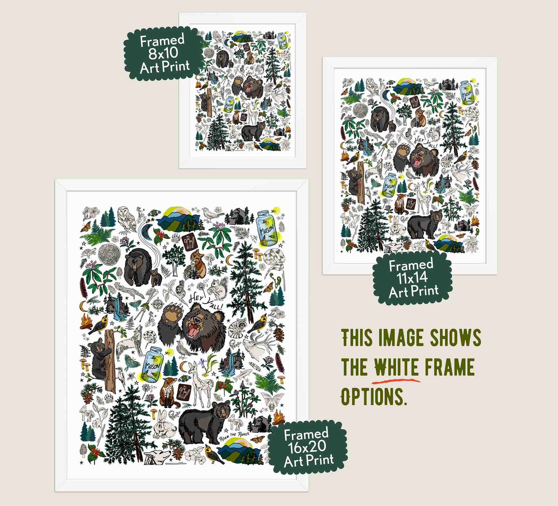 This image shows the three available sizes, which are 8x10, 11x14, and 16x20. This image shows them all in white wood frames.