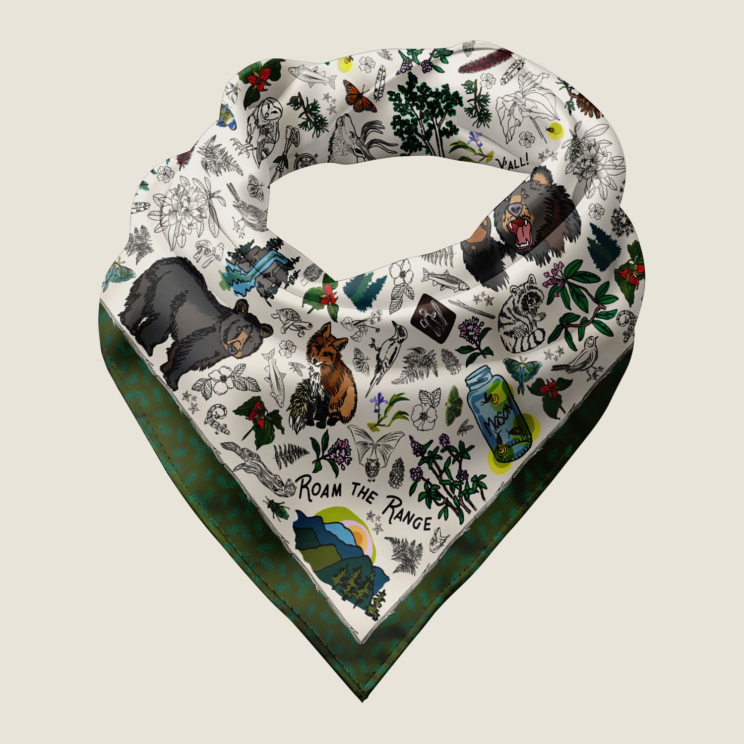 The Mountain Hikes Bandana Scarf folded and rolled into a neck wrap. The illustrated artwork features hand-drawn bears, mountains, fireflies in jars, foxes, birds, trees, butterflies, National Park signs, wildflowers, and forest animals.