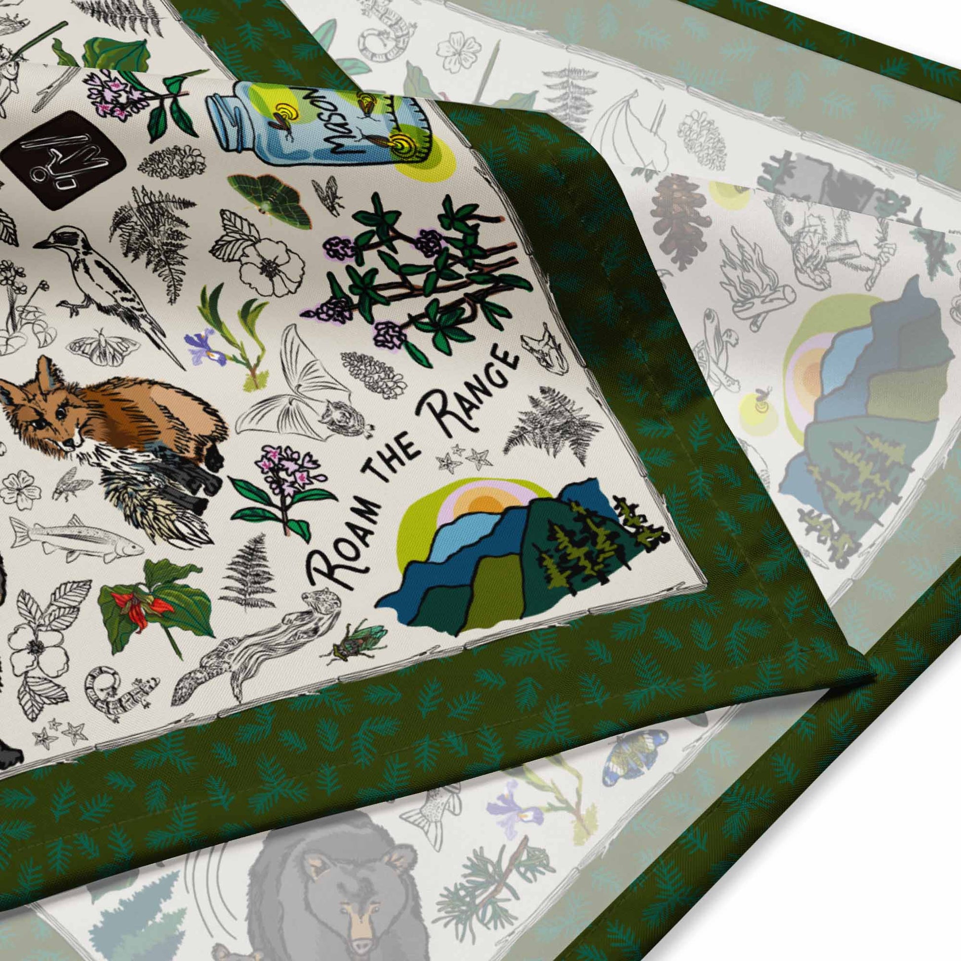 This image is a close-up of the corner of the bandana scarf and shows the style of the hand-drawn illustrations.