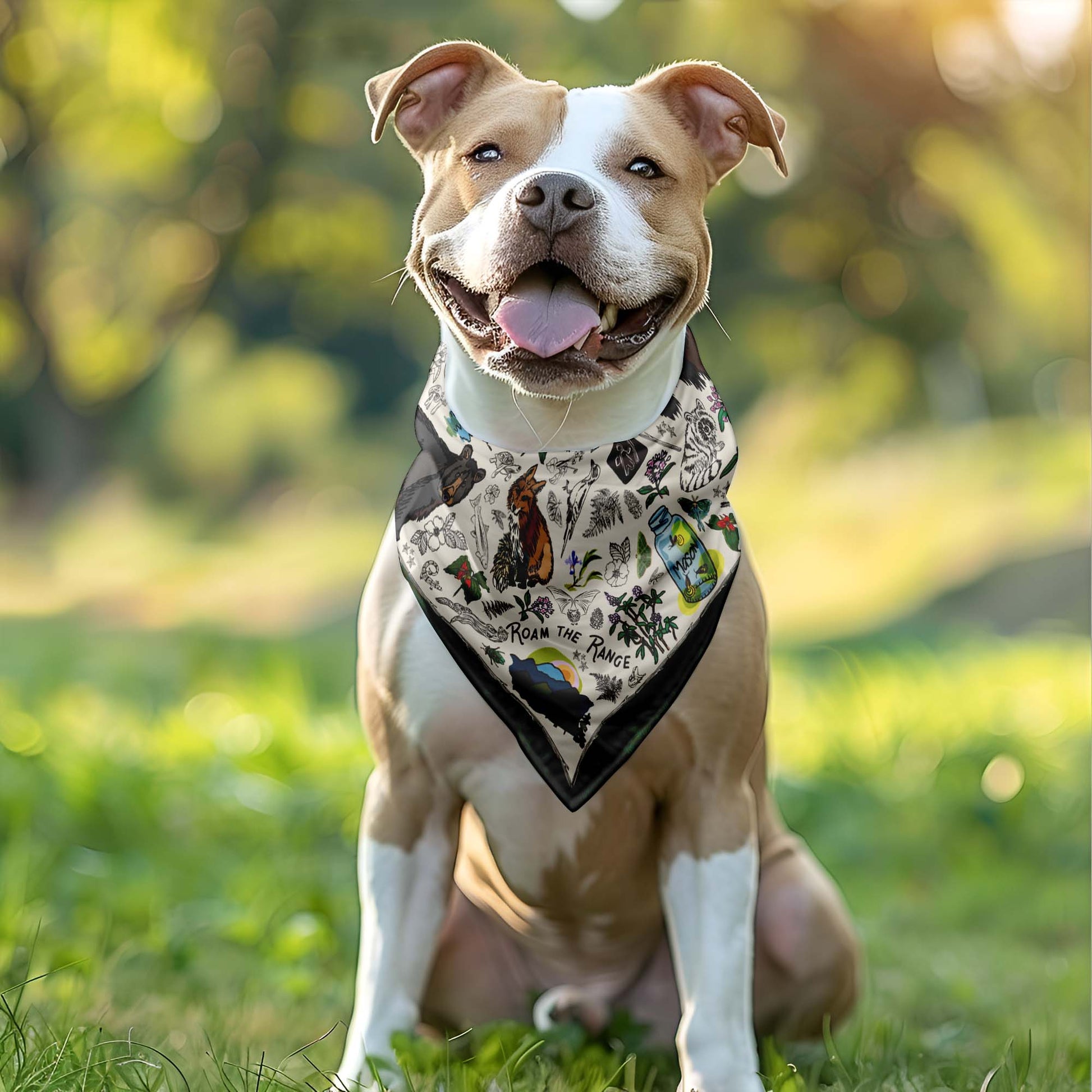 A cute dog wearing the Mountain Hikes Bandana around his neck. He's sitting outside in the woods.