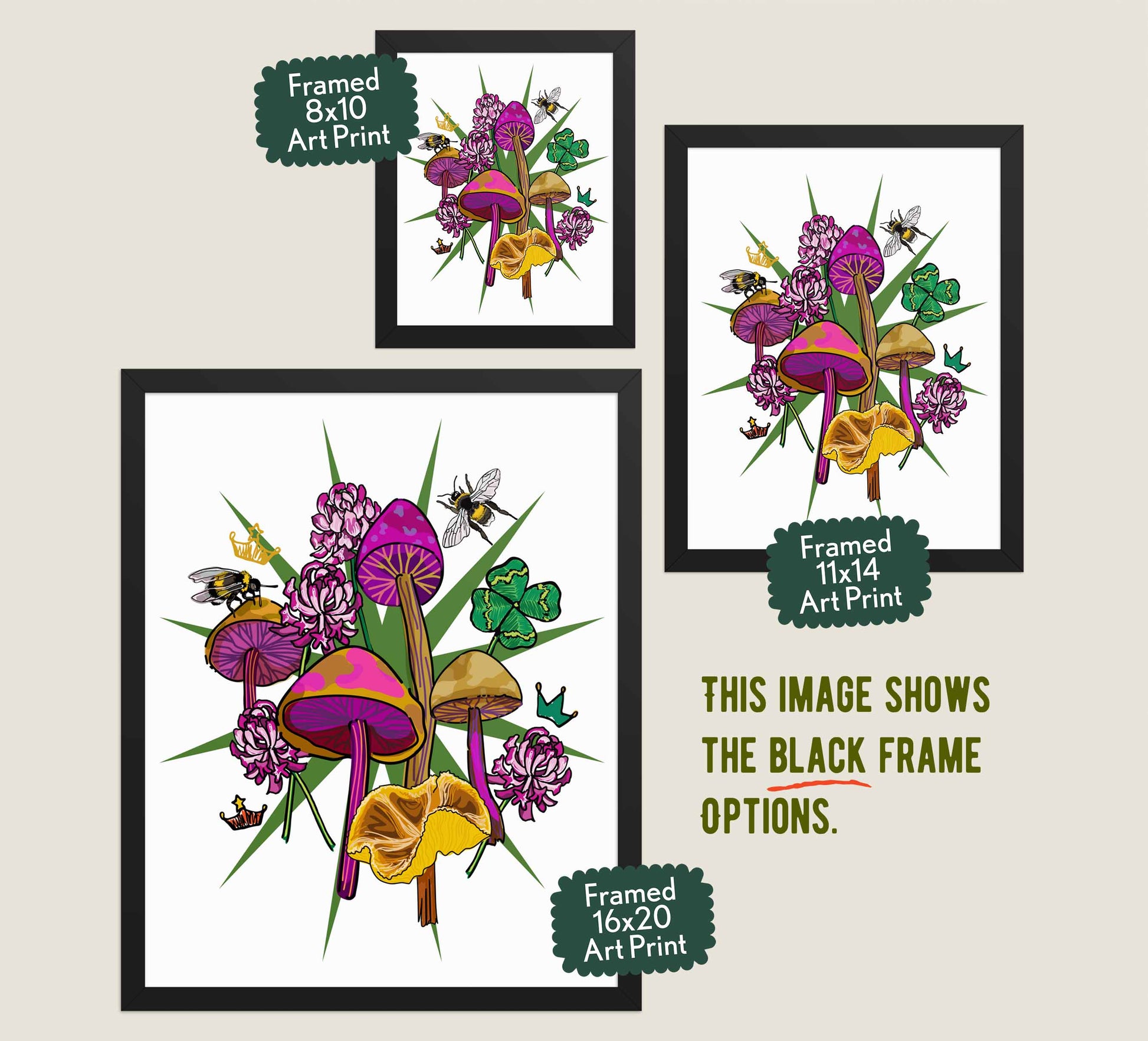 This image shows the three available sizes, which are 8x10, 11x14, and 16x20. This image shows them all in black wood frames.