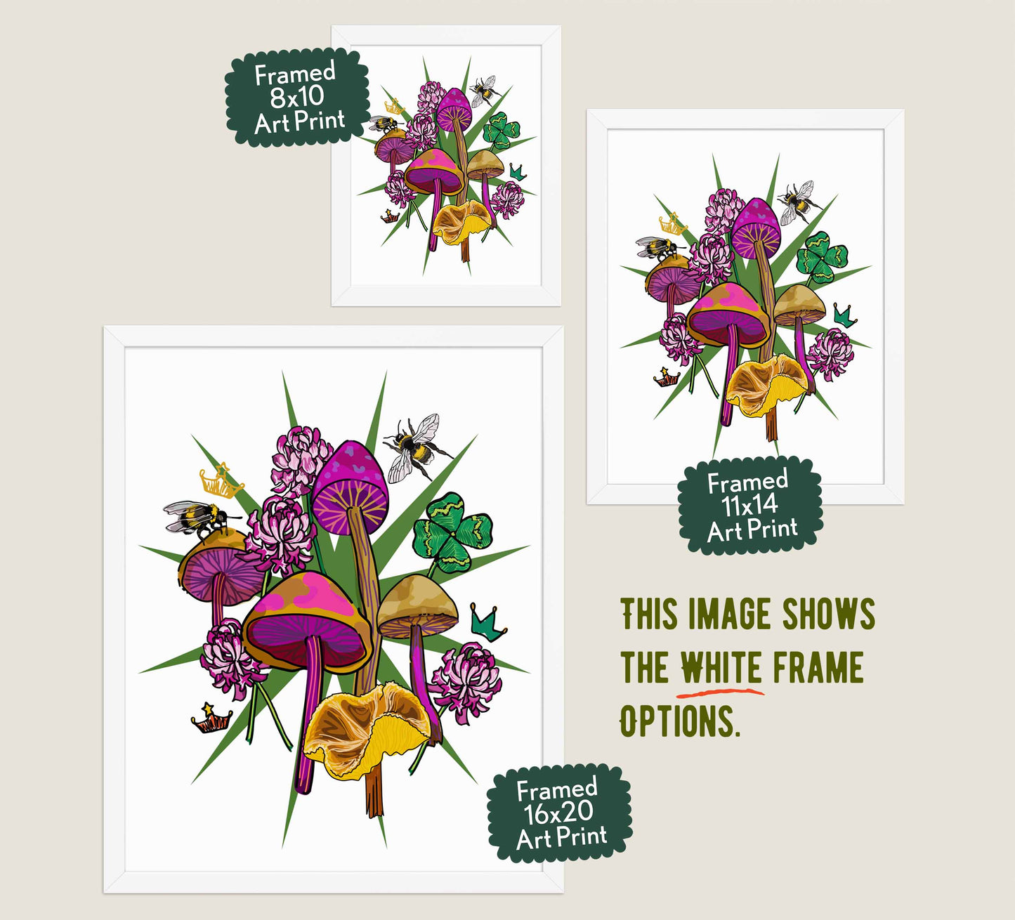 This image shows the three available sizes, which are 8x10, 11x14, and 16x20. This image shows them all in white wood frames.