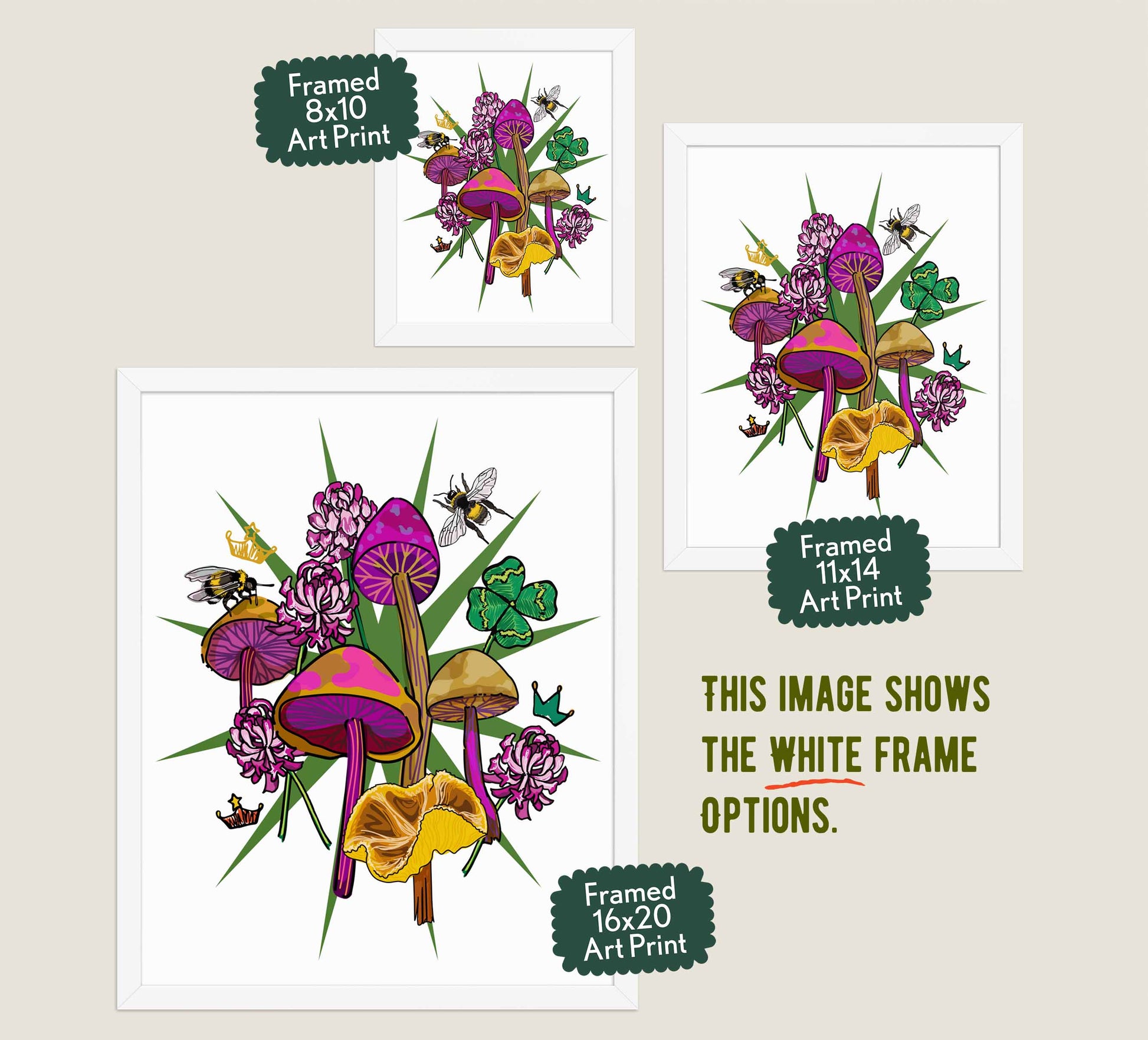 This image shows the three available sizes, which are 8x10, 11x14, and 16x20. This image shows them all in white wood frames.