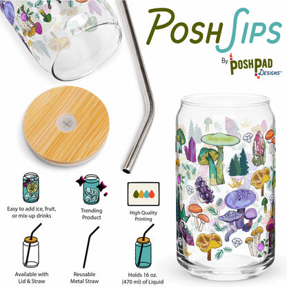 This infographic shows an angle of the glass with the lid and straw sitting beside it and a photo of the glass by itself. Product perks include a wide top that makes it easy to add ice and fruit, high-quality printing, an available option with a reusable metal straw and eco-friendly bamboo lid, and it holds 16 ounces of liquid.