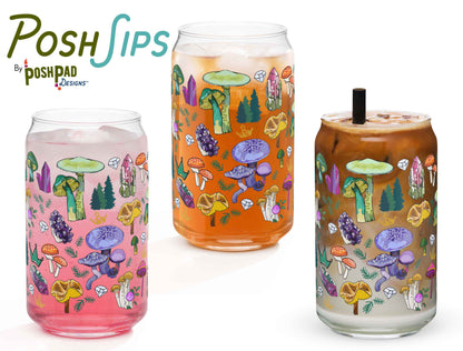 This image shows three glasses, each one with a different drink to show how the glass looks with differently colored liquid in it. There's a glass of pink drink, iced tea, and another with an iced latte.
