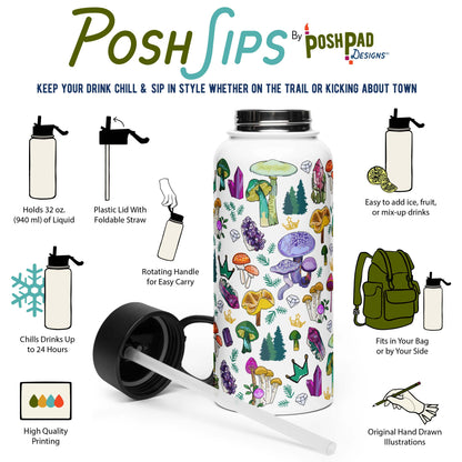This infographic shows a photo of the water bottle with the lid is lying beside it. There are icons for each product perk. Those perks include the plastic lid with a foldable straw, rotating handle, wide-mouth top, and it holds 32 ounces of liquid. The hand-drawn illustration on the water bottle is printed with high-quality ink.
