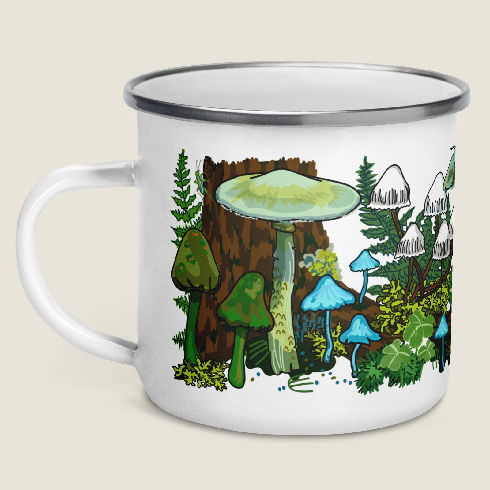 Green mushroom camp mug on ivory background.