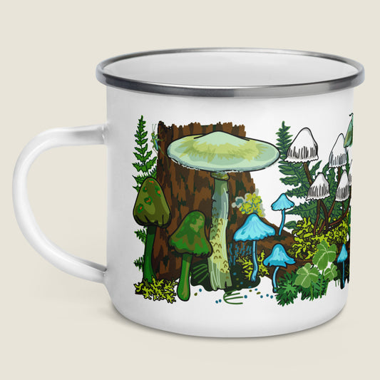 Green mushroom camp mug on ivory background.