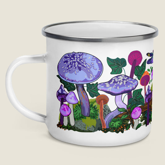 Purple mushroom enamel camp mug on ivory background.