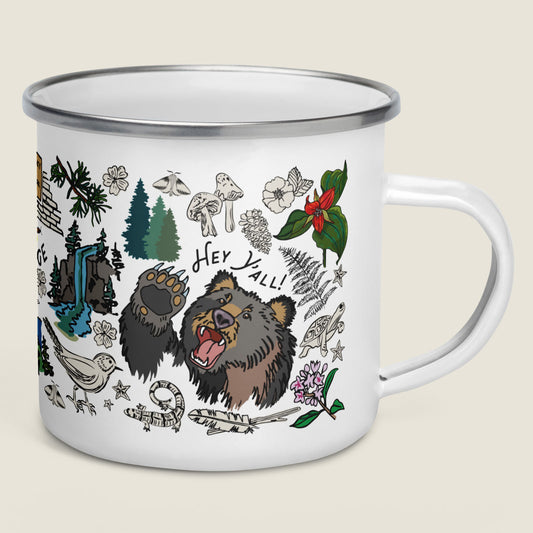 Great Smoky Mountains Enamel Camp mug on an ivory background.