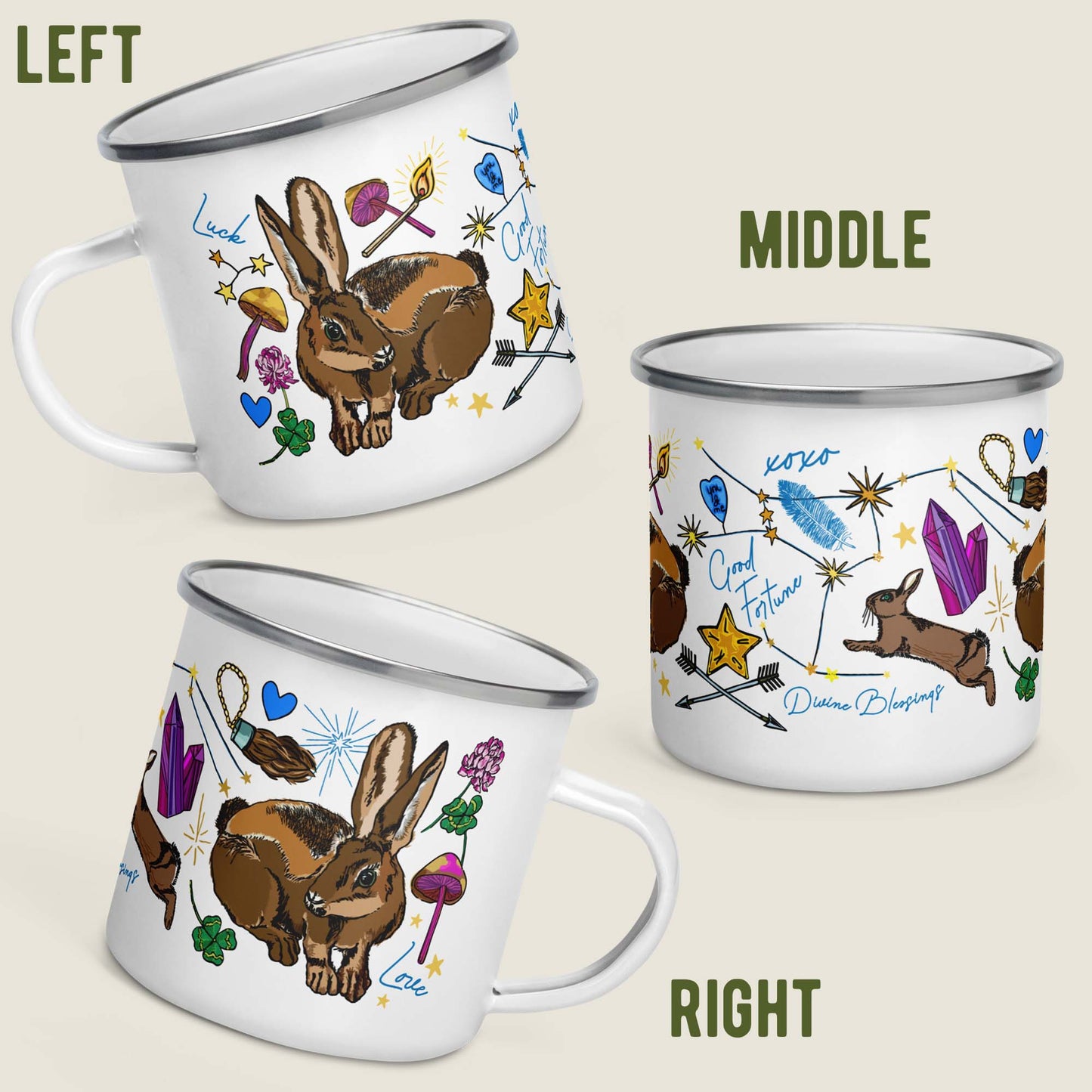 This image shows all sides of the camp mug so you can see how the artwork wraps around. The middle illustrations is the Orion constellation, stars, crystals, feathers, and leaping rabbit. Both sides have a lucky bunny. The left side has a lucky star with crossing arrows to symbolize loyalty. There are hearts, lucky four-leaf clovers, intermingled with inspirational sayings like "Divine Blessings", "Good Fortune", "Love", and "Luck".