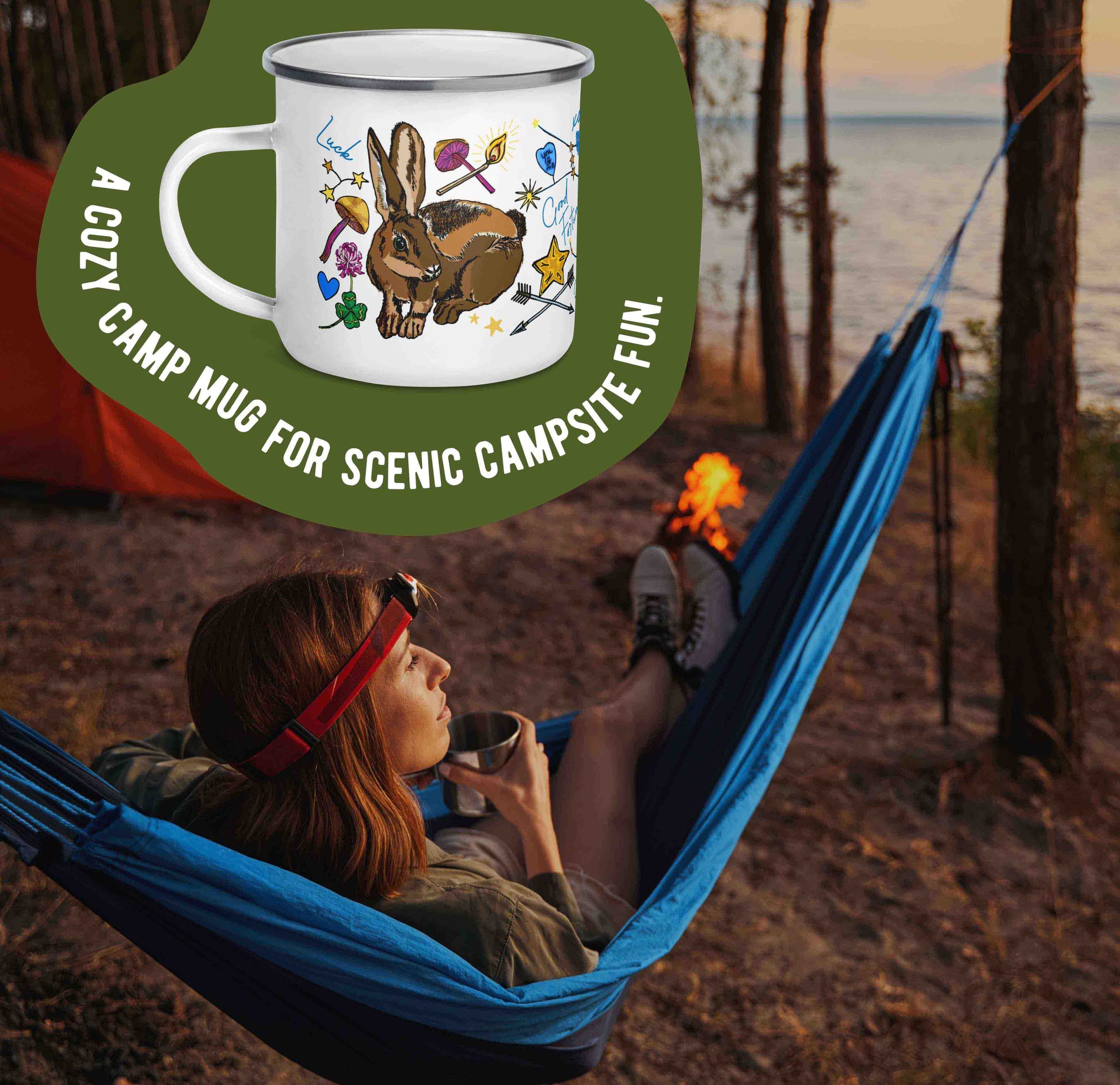 This image shows the camp coffee mug on a green organic shape at the top. The words "A cozy mug for scenic campsite fun" is laid out around the mug. This graphic overlays a photo of a woman relaxing in a hammock with her camp mug.