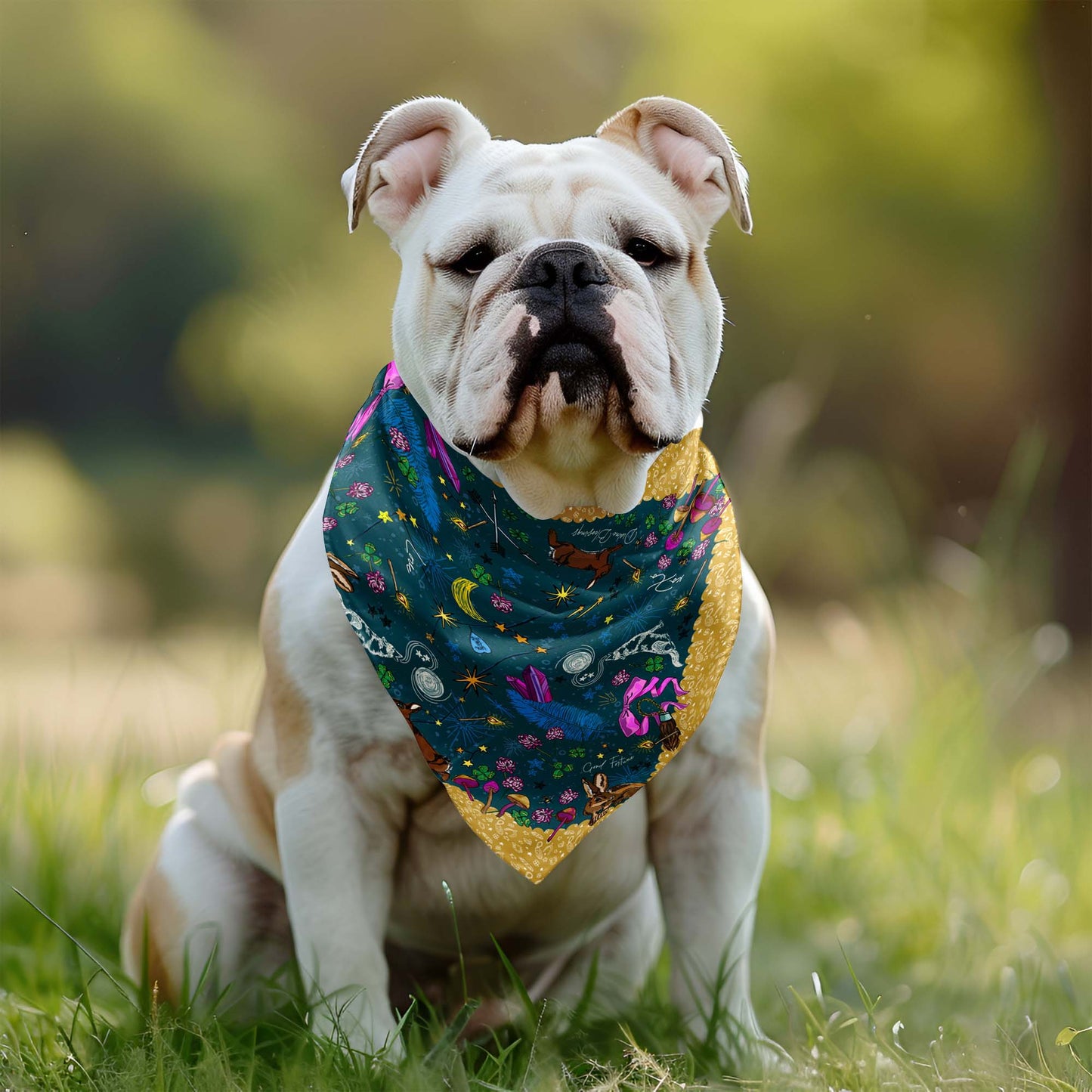 A white frenchie bulldog wearing the Orion Stars scarf around her neck. She's sitting in the grass.