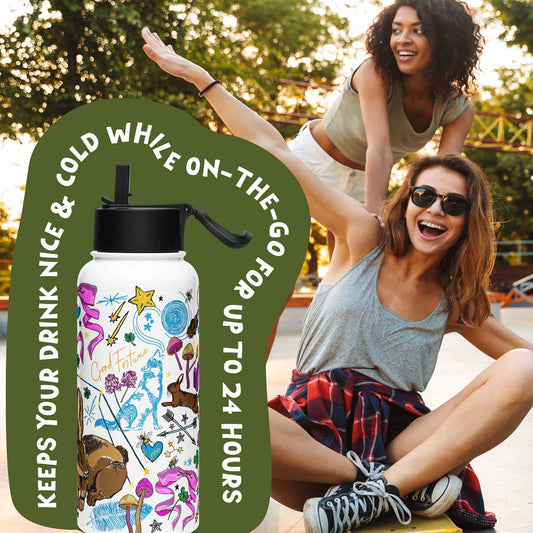 There is a photo of the water bottle laid on top of a green organic shape. The words "Keeps you drink nice & cold while on the go for up to 24 hours" are written around the water bottle. There's a background photo of two women in an urban setting. One woman is pushing the other on a skateboard.