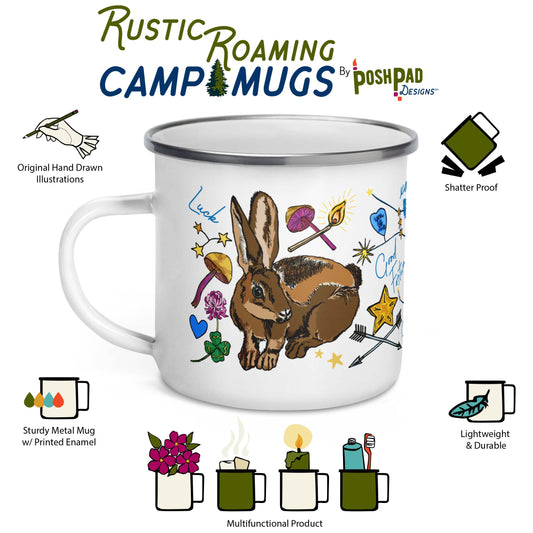 Infographic showing the mugs features, which include hand-drawn illustrations, sturdy metal material with vibrant printing, lightweight, durable, and shatter proof. There is a photo of the mug in the middle and there are illustrations below it showing other uses like arranging wildflowers in it,  holding a candle, and using to take items to the bathhouse like a toothbrush and toothpaste.