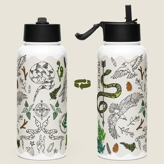 Peace Out in the Woods stainless steel insulated water bottle with leakproof straw lid. Image shows both sides of the water bottle.