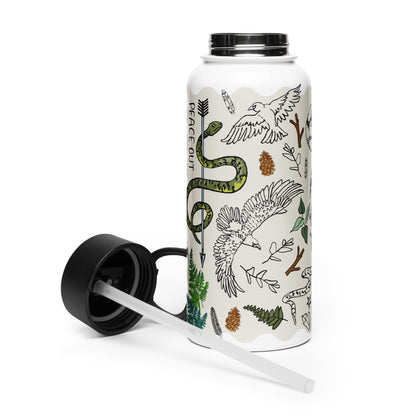 Peace Out in the Woods insulated water bottle with the lid laying beside it. This shows the straw, which is removable.