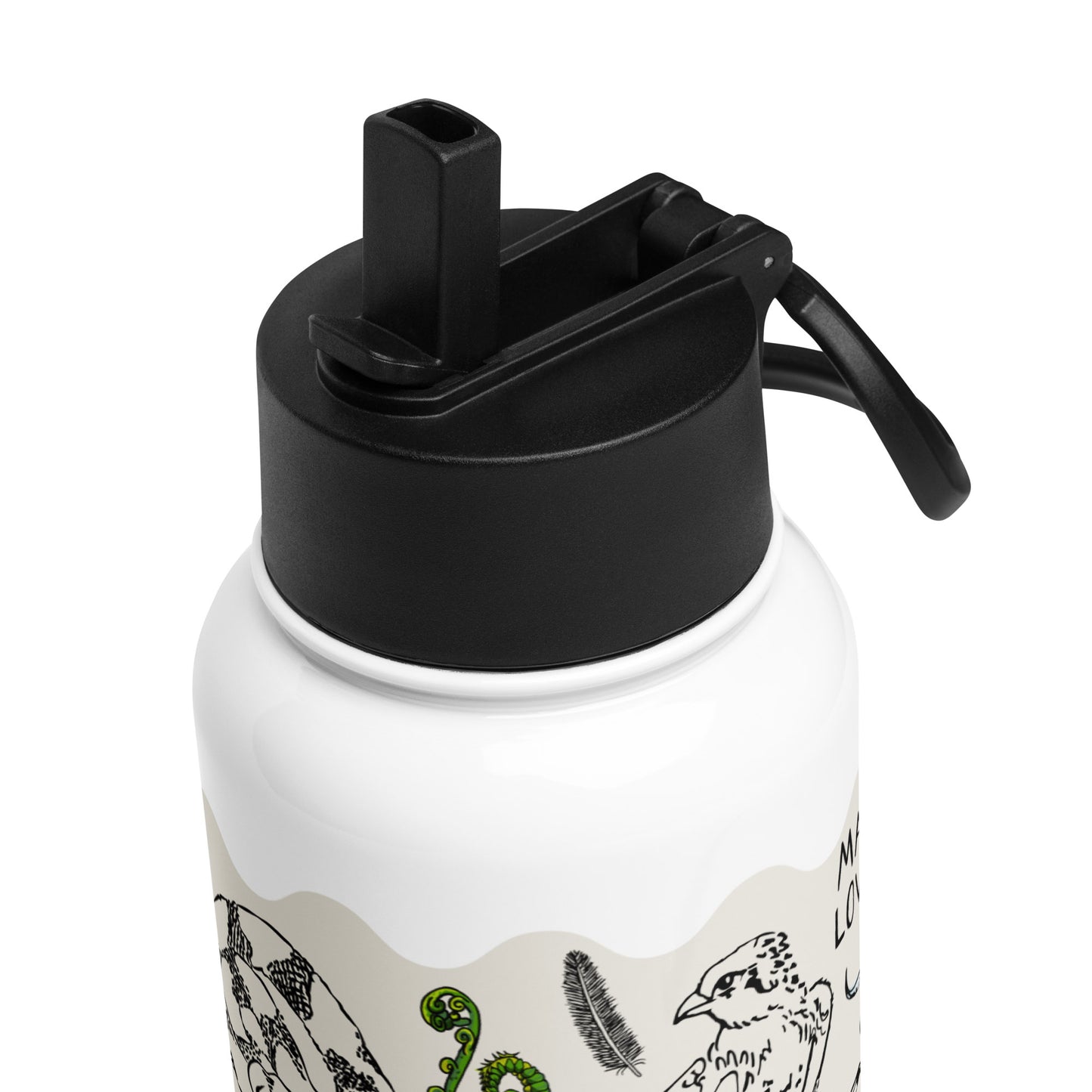 Close up of the pop-up straw lid for the Peace Out in the Woods insulated water bottle. The straw collapses into the lid for a leak-proof fit.