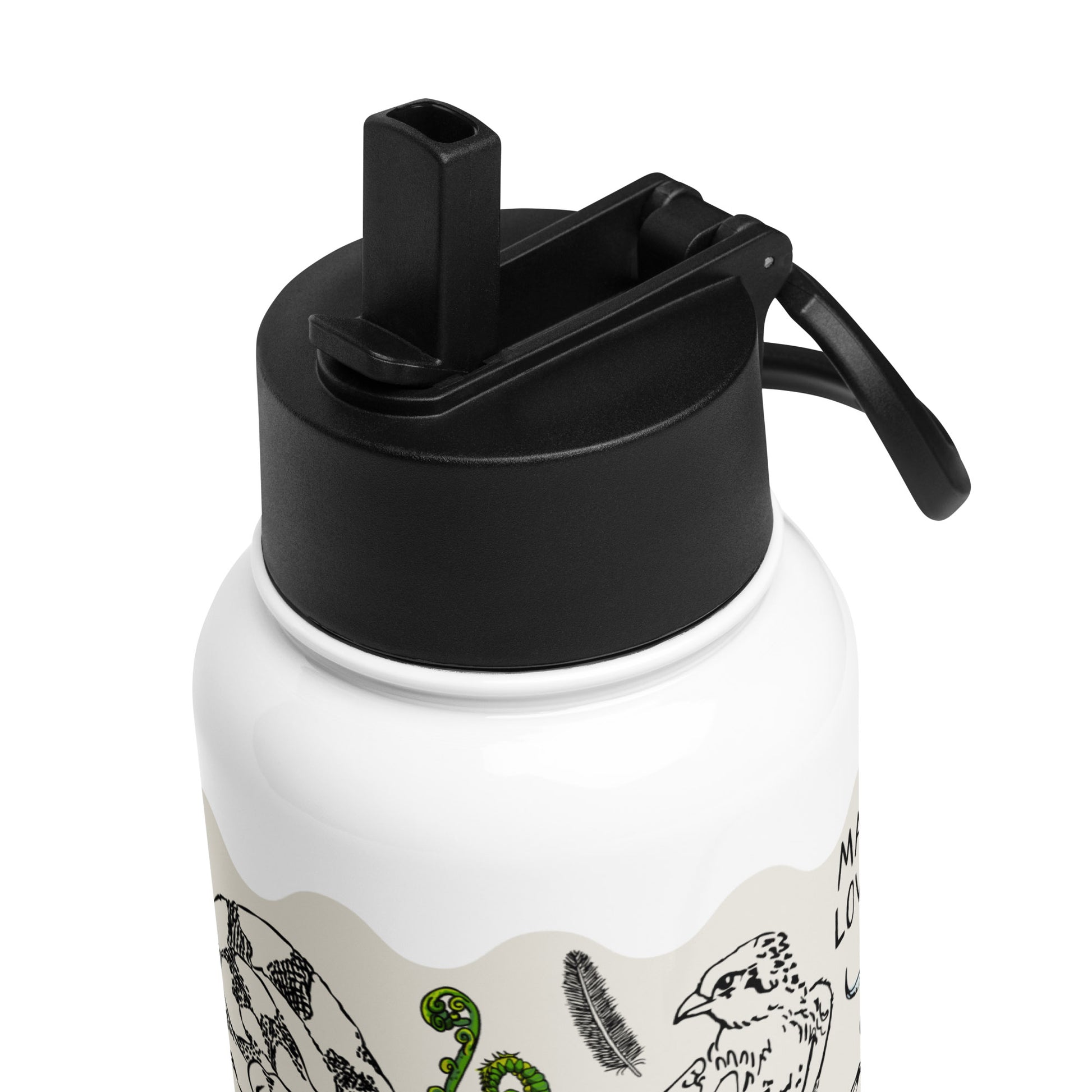 Close up of the pop-up straw lid for the Peace Out in the Woods insulated water bottle. The straw collapses into the lid for a leak-proof fit.