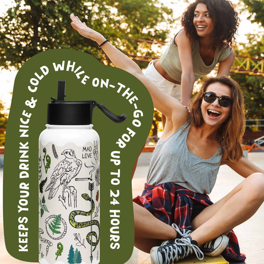 There is a photo of the water bottle laid on top of a green organic shape. The words "Keeps you drink nice & cold while on the go for up to 24 hours" are written around the water bottle. There's a background photo of two women in an urban setting. One woman is pushing the other on a skateboard.