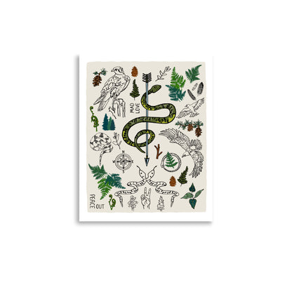 11x14 Peace Out in the Woods art print poster. The artwork has illustrations of eagles, snakes, ferns, a north star compass, pinecones, pine trees, an arrow, feathers, a peace sign, and forest icons.