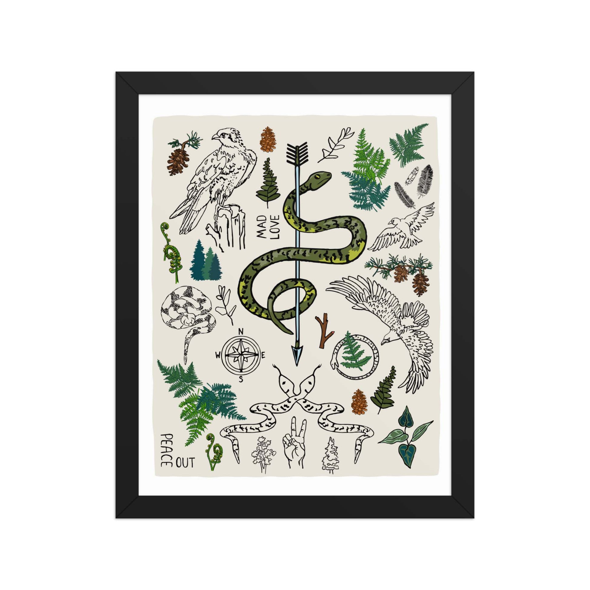 "Peace Out in the Woods" artwork with nature-themed illustrations, including a snake, arrows, ferns, birds, pine trees, a compass, and plants on an ivory background. 11x14 art print, framed in a black wood frame. 