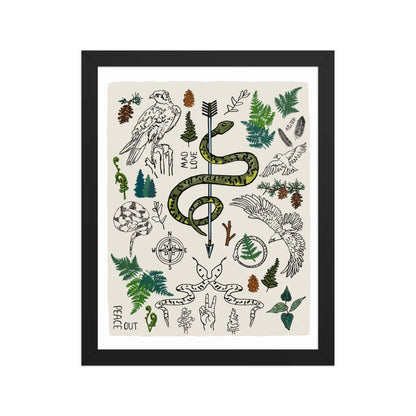 "Peace Out in the Woods" artwork with nature-themed illustrations, including a snake, arrows, ferns, birds, pine trees, a compass, and plants on an ivory background. 11x14 art print, framed in a black wood frame. 