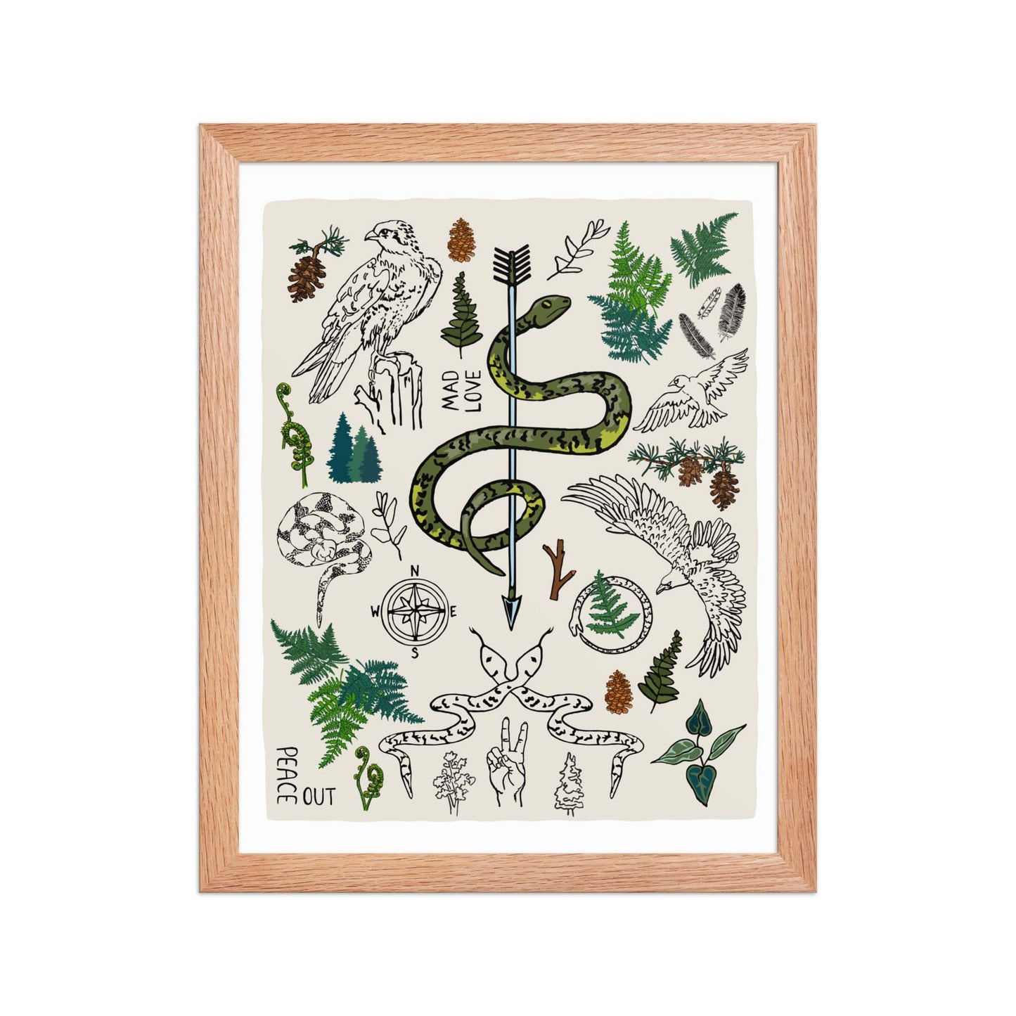 "Peace Out in the Woods" artwork with nature-themed illustrations, including a snake, arrows, ferns, birds, pine trees, a compass, and plants on an ivory background. 11x14 art print, framed in a natural wood frame. 