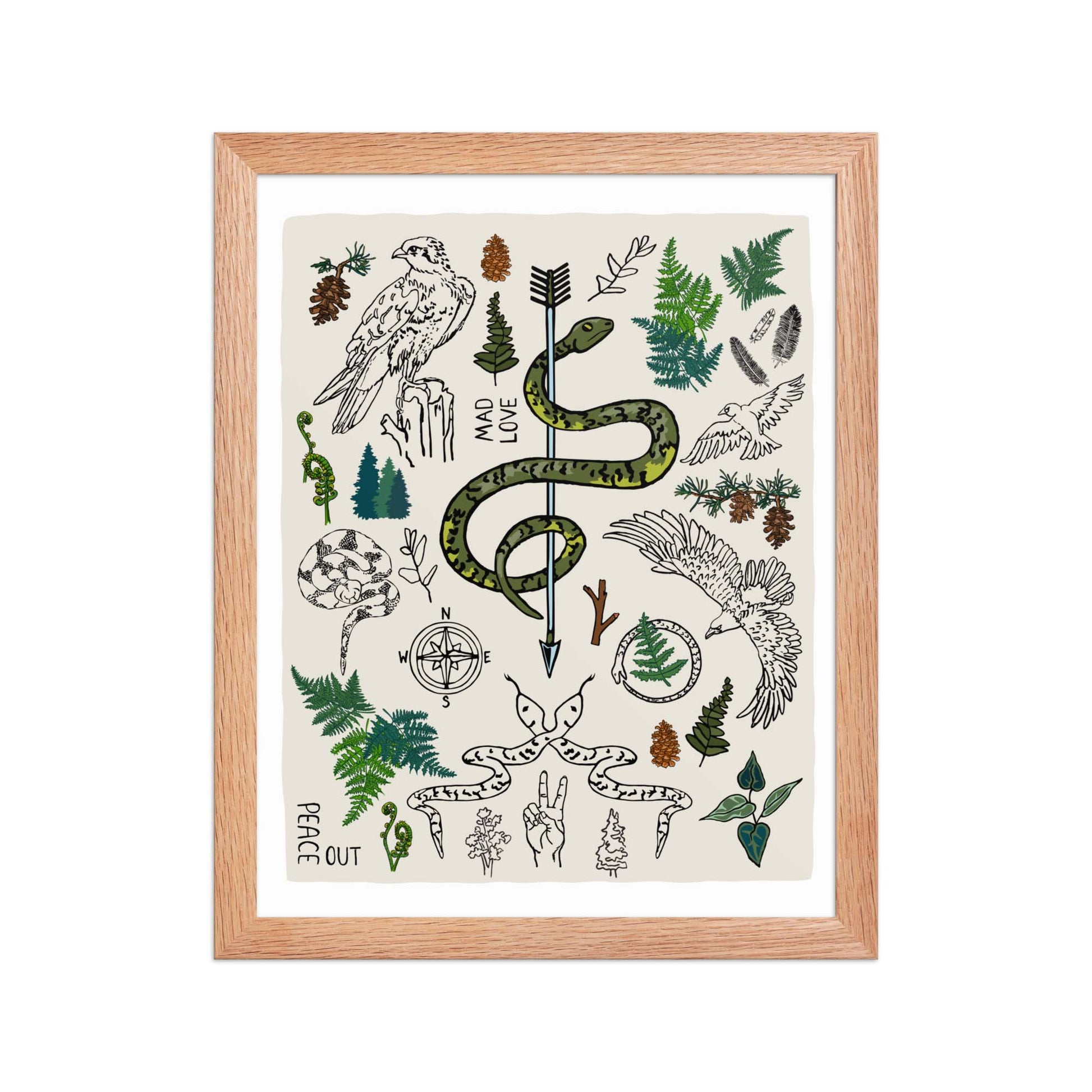 "Peace Out in the Woods" artwork with nature-themed illustrations, including a snake, arrows, ferns, birds, pine trees, a compass, and plants on an ivory background. 11x14 art print, framed in a natural wood frame. 