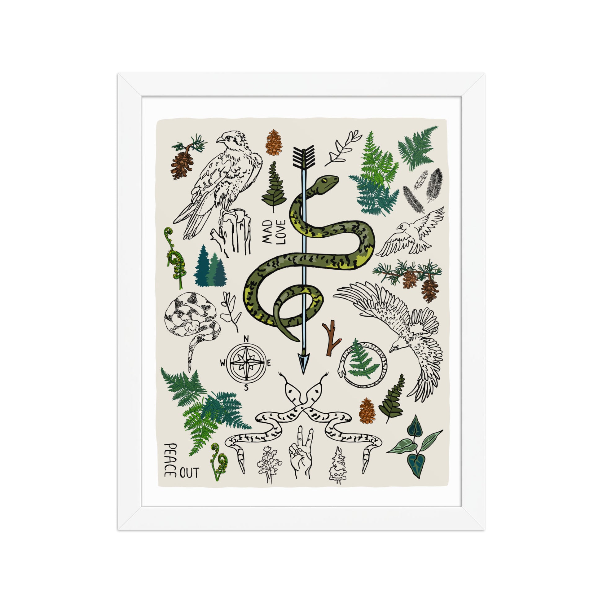 "Peace Out in the Woods" artwork with nature-themed illustrations including a snake, arrows, ferns, birds, pine trees, a compass, and plants on an ivory background. 11x14 art print, framed in a white wood frame. 