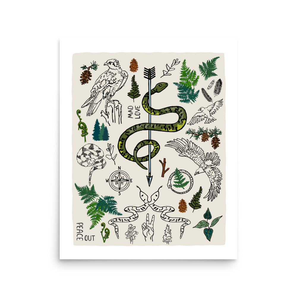 16x20 Peace Out in the Woods art print poster. The artwork has illustrations of eagles, snakes, ferns, a north star compass, pinecones, pine trees, an arrow, feathers, a peace sign, and forest icons. 