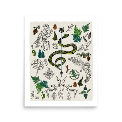 16x20 Peace Out in the Woods art print poster. The artwork has illustrations of eagles, snakes, ferns, a north star compass, pinecones, pine trees, an arrow, feathers, a peace sign, and forest icons. 