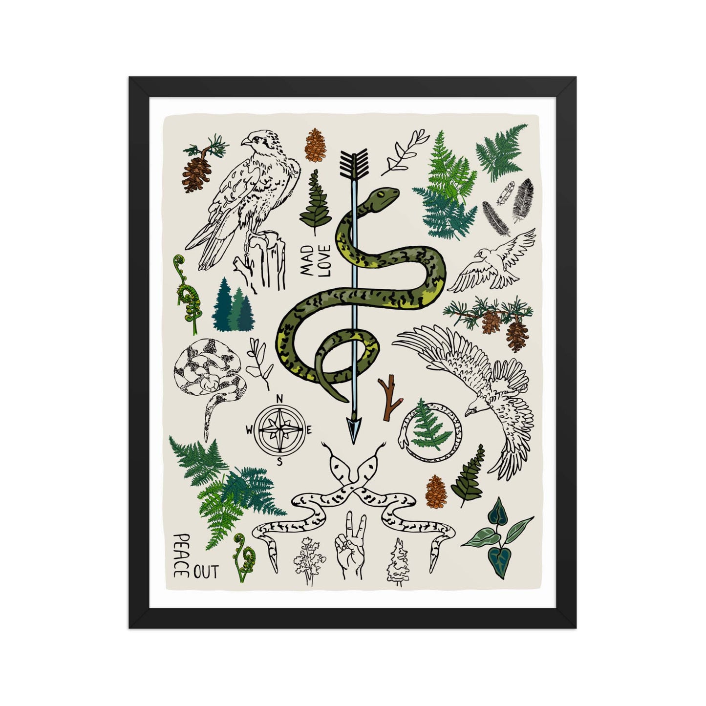 "Peace Out in the Woods" artwork with nature-themed illustrations, including a snake, arrows, ferns, birds, pine trees, a compass, and plants on an ivory background. 16x20 art print, framed in a black wood frame. 