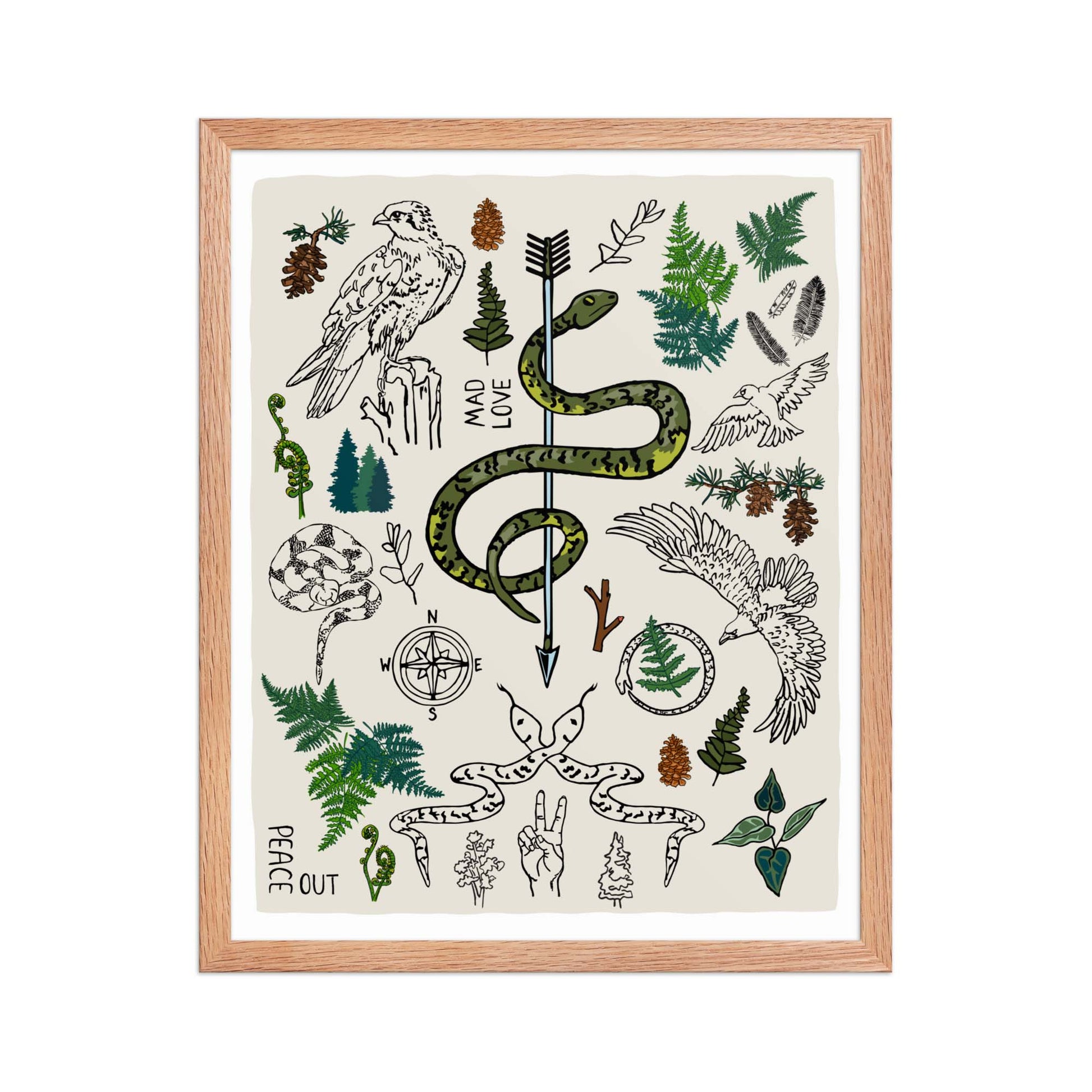 "Peace Out in the Woods" artwork with nature-themed illustrations including a snake, arrows, ferns, birds, pine trees, a compass, and plants on an ivory background. 16x20 art print, framed in a natural wood frame. 