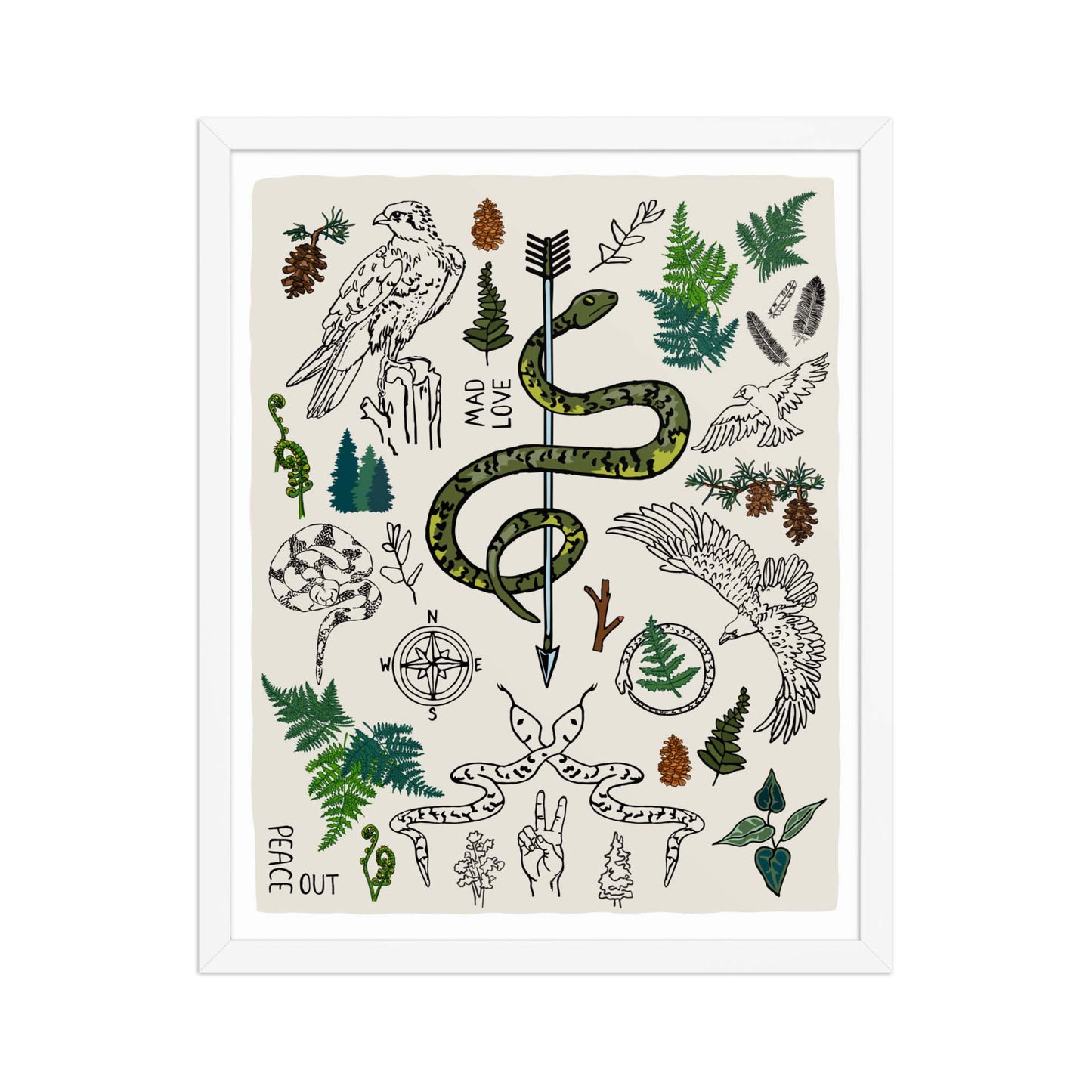 "Peace Out in the Woods" artwork with nature-themed illustrations including a snake, arrows, ferns, birds, pine trees, a compass, and plants on an ivory background. 16x20 art print, framed in a white wood frame. 